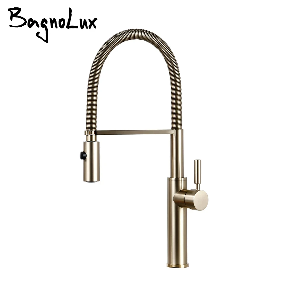 

Brushed Gold Kitchen Faucets Brass Mixer for Kitchen Sink Single Lever Pull Out Spring Spout Tap Hot Cold Water 1036