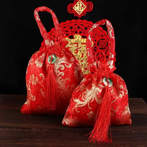 1Pc Canvas Festive Flower Drawstring Bag Chinese Knot Tassel Sugar Bag Wedding Large Capacity Handbag - Image 3