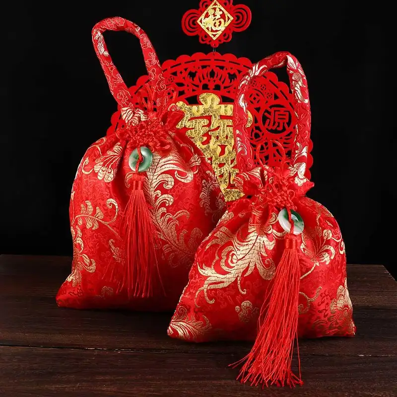 1Pc Canvas Festive Flower Drawstring Bag Chinese Knot Tassel Sugar Bag Wedding Large Capacity Handbag - Image 3