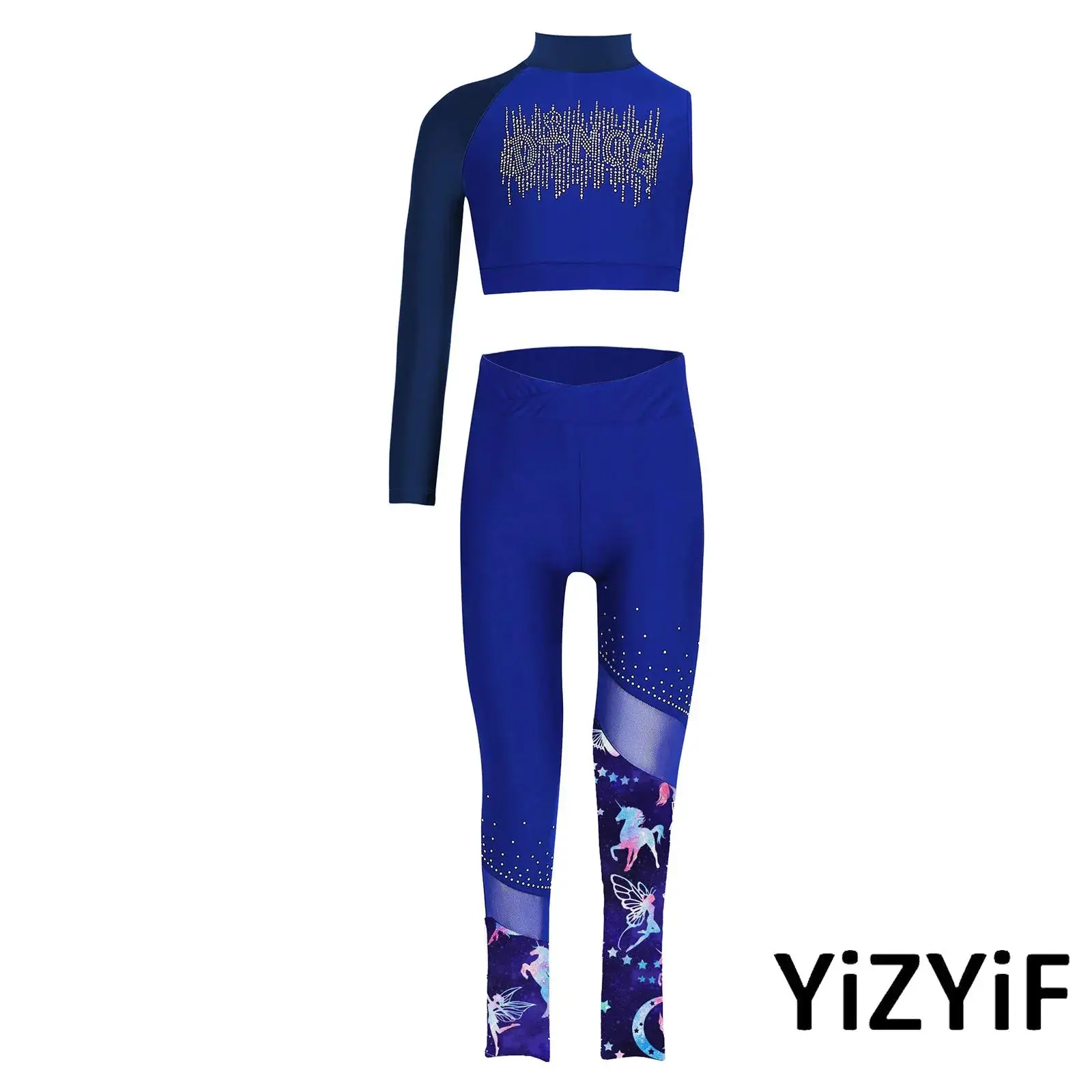 

Girls Sequins Gymnastics Dance Costume 2-Pieces Mock Neck Asymmetrical One Sleeves Tank Crop Top+Leggings Set Athletic Tracksuit