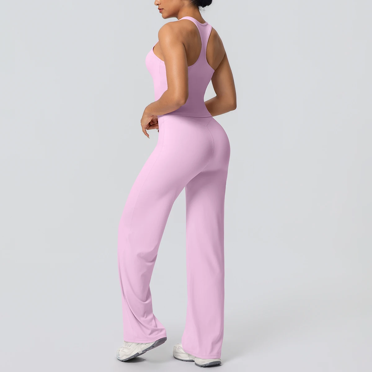 2 Pieces Set for Woman Quick Drying Solid Color Workout Top I-shaped Vest High Waisted Peach Buttocks Wide Leg Pants Yoga Suit