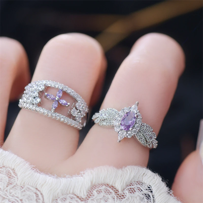 

Original Korean Finger Joint Ring Fashion Personalized Purple Crystal Jewelry Flower Stainless Steel Adjustable Ring for Women