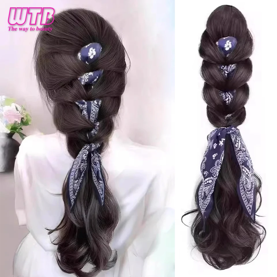 

Curly Hair Wig Braid High Ponytail Gentle Hair Band Retro New Silk Scarf Braided Twist Braid Wig Heat-resistant Hair