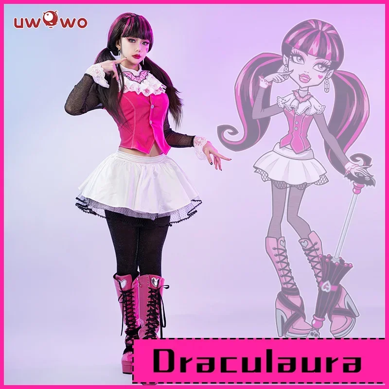KL2 متوفر في المخزون UWOWO Monster High: Draculaura أزياء تنكرية بدلة وردية مصاص دماء أنيمي أنثى أزياء الهالوين التأثيرية 2 & JN