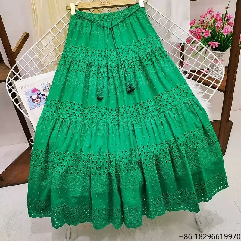 Ladies' Summer High Waisted Slimming Half Skirt Lace Medium Long Hem Hollow Out Solid Color Patchwork Crochet A-line Skirt