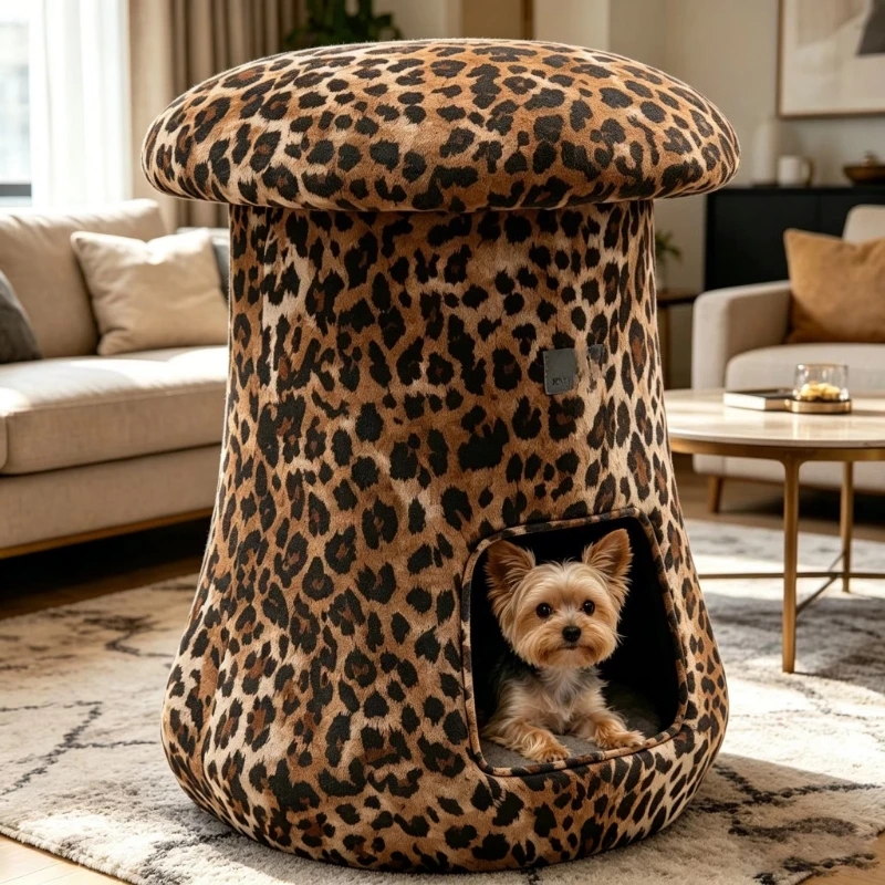 Luxury leopard print indoor mushroom-shaped novel dressing stool pet bed, suitable for small calming dogs and cats cave house
