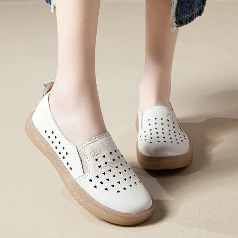 

Women Sneakers Summer Shoes Genuine Leather Loafers Breathable Hollow Shoes Casual Soft Sole Flat Shoes Lady White Shoes