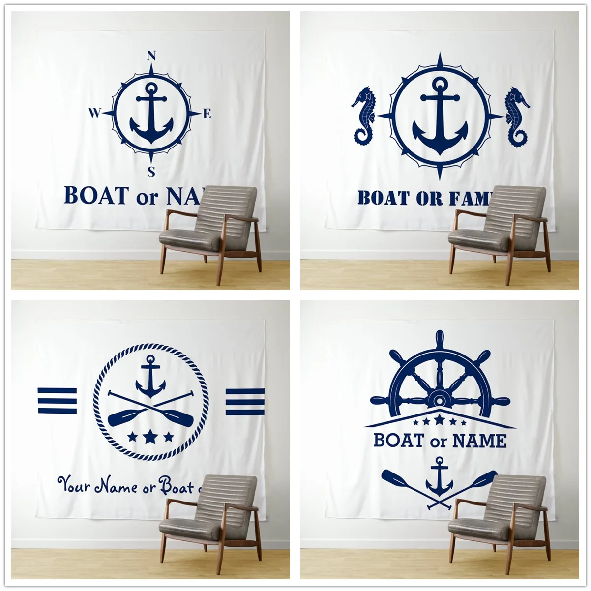 Custom Nautical Tapestry Personalized Boat Name Anchor Wall Hanging Decor Ocean Theme for Living Room Bedroom Beach House