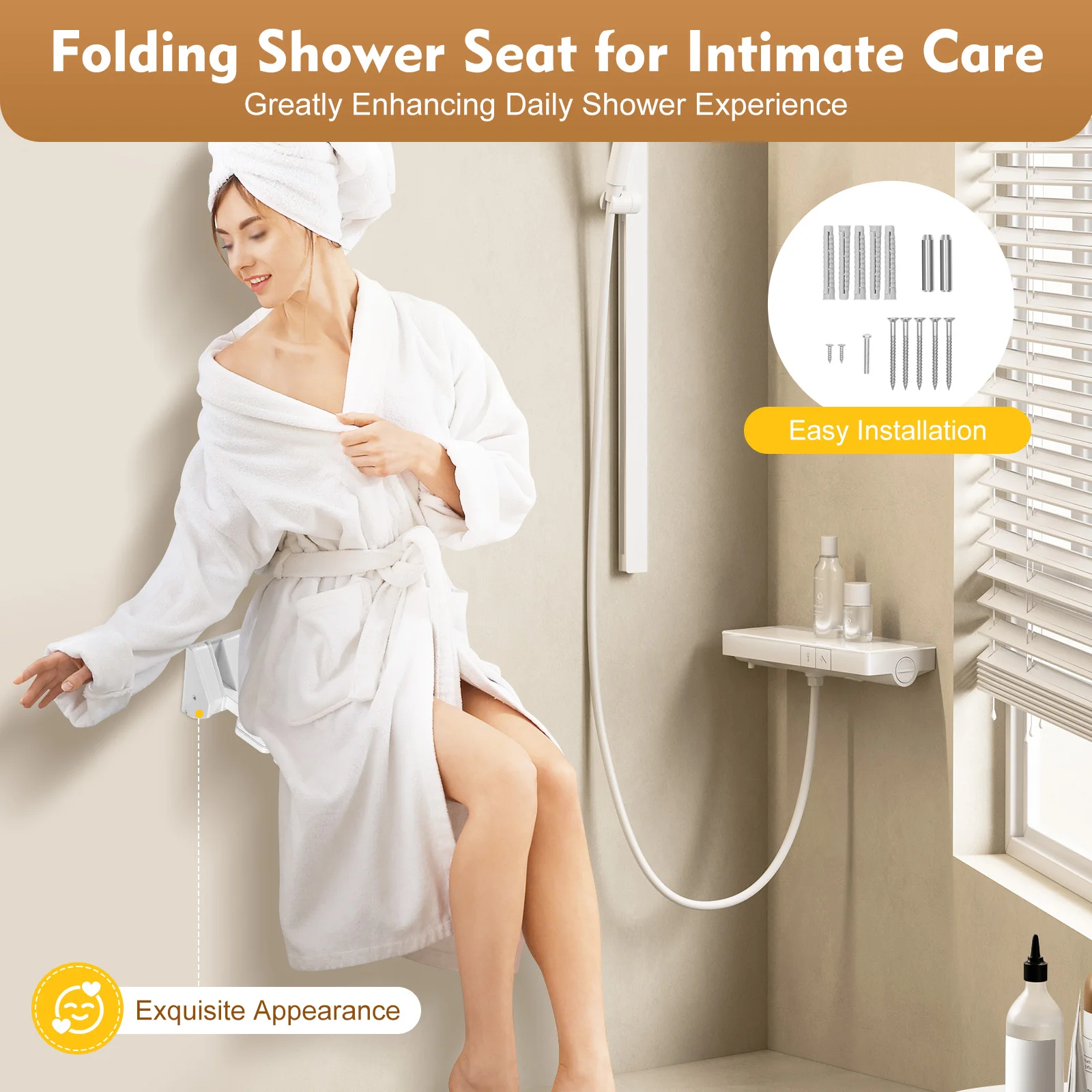 90 Folding Shower Seat Stainless Steel Wall-Mounted Waterproof Shower Bench Shoe Changing Stool White Load 130kg for Bathrooms