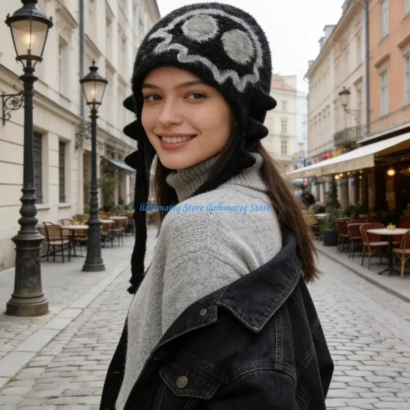 

573B Jacquard Knit Skull Hat Lovely Earcovers Hat For Adult Teens Cold Weather Warmth