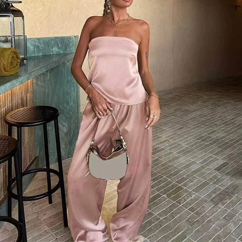 

Women's Casual Solid Color Loose Outfit Sexy Strapless Top + Long Pants Suit Fashion Hollow Out Off Shoulder Satin Two Piece Set