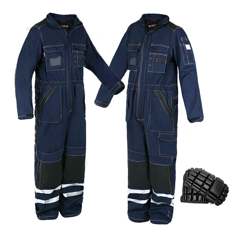 100% Cotton Men Work Coveralls Repairman Wear-resistant Coveralls with Reflective Strips Durable Working Uniforms with Knee Pads