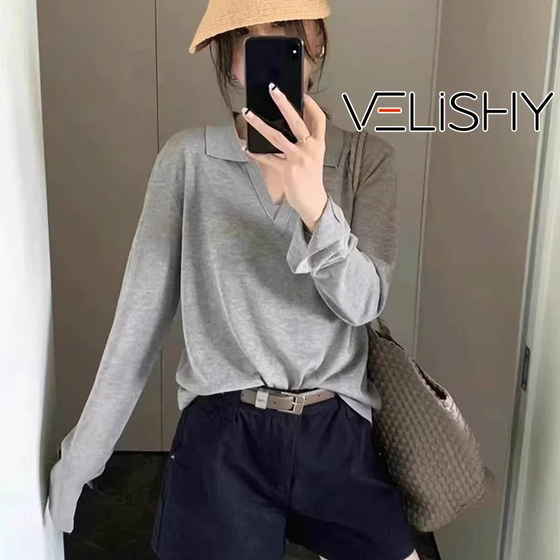 Maglione con risvolto temperamento coreano Autunno donna tinta unita manica lunga sciolto versatile top lavorato a maglia
