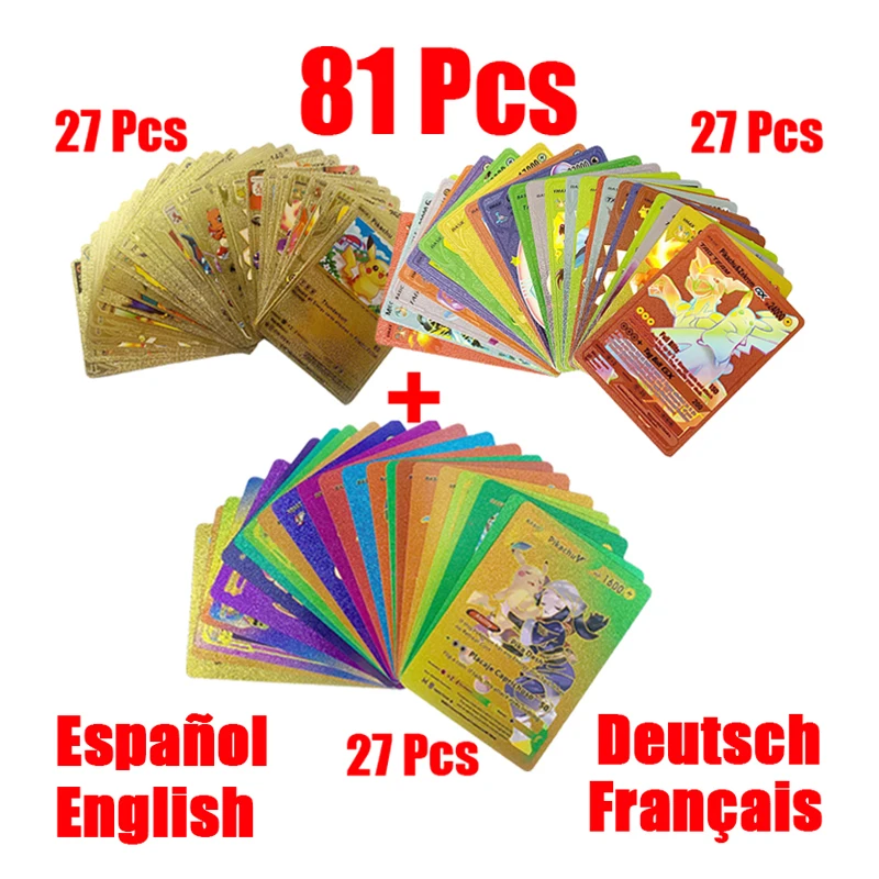 Pokémon Francês e Alemão Foil Gold Foil Game Cards, Brinquedos infantis, Arco-íris, Cartão VMAX EX GX, 81pcs