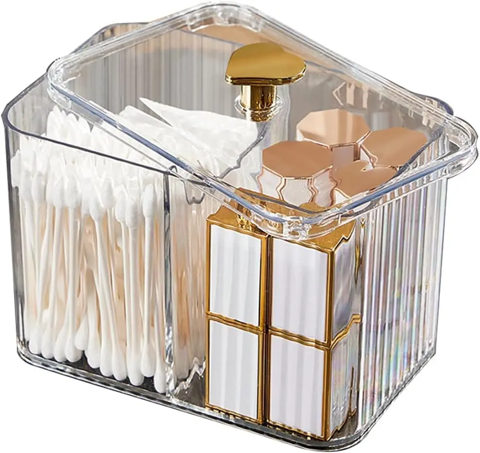 

Holder Bathroom Container,3-Section Cotton Ball/Swabs Dispenser,3 Grids Apothecary Jar Organizer, Cosmetics Storage for Vanity