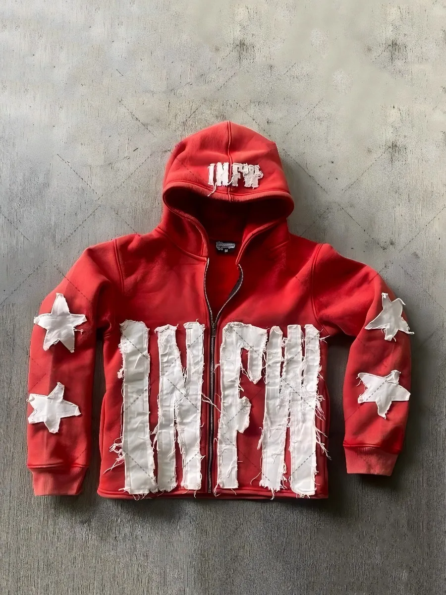 

Y2K Street Star Pattern Patchwork Sweatshirt Letter Pullover Hoodie Loose Halloween Costumes Unisex Sweatshirt Jacket