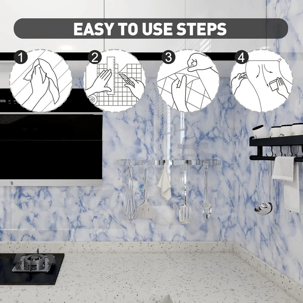 ورق جدران رخامي لامع مقاوم للماء وقابل للإزالة ذاتي اللصق لأسطح الكونترتوب والأثاث - تصميم قشر وعصا باللونين الأبيض والأزرق