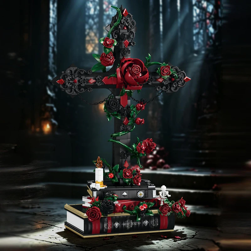 blocs-de-construction-thorn-cross-rose-style-gothique-modele-d'assemblage-de-difficulte-elevee-ornement-creatif-style-sombre-cadeau