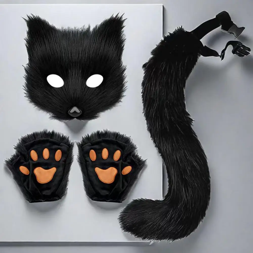 Cosplay Masque Soft Fuzzy Plush Cosplay Fox Tail Set with Mittens Masque Adjustable Waist Circumference Anti-slip Performance