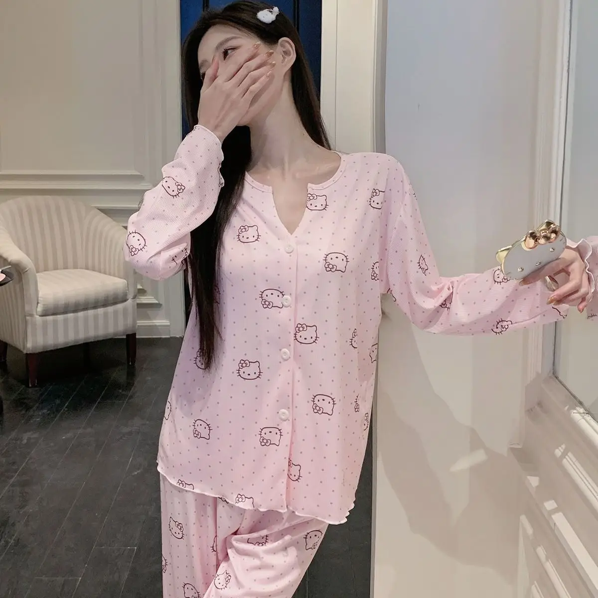 

Sanrio Hello Kitty Sexy Pajamas Long Sleeve Pants Sets Spring Sleepwear Kawaii Cartoon Nightwear Women Nightie Casual Home Suit