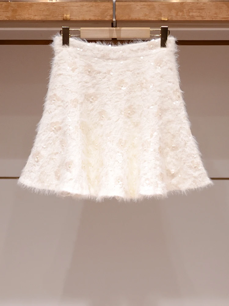 

Chic f-length Fro Skirt with Pearl Embelliment And Lace Trimming in Cr Color High-waist Fluffy Fabric Women's Apparel
