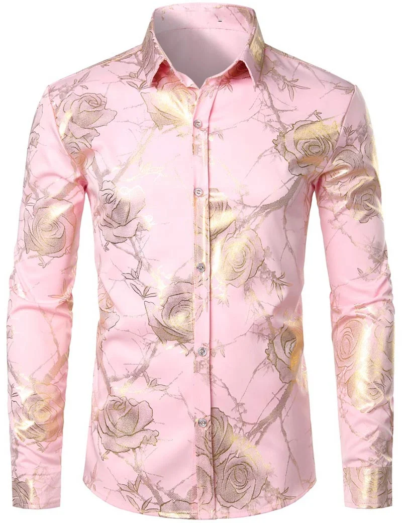 Trendy Men Button‑Up Shirt Luxury Golden Rose Floral Vine Art Print Polyester Nightclub Banquet Dating