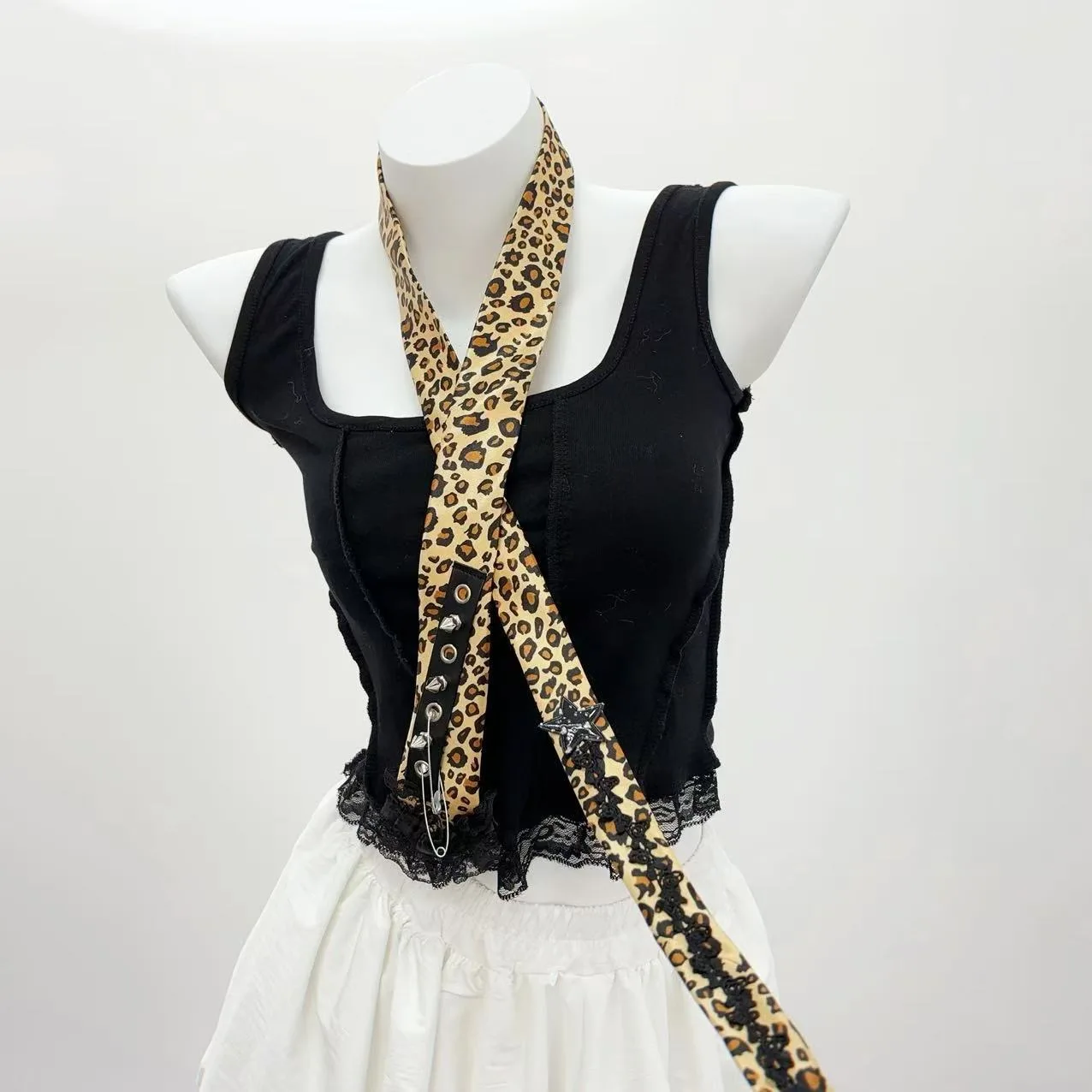 Y2k retro leopardo rebites pinos harajuku cachecol feminino menina de alta qualidade moda lenço festa cachecol acessório requintado