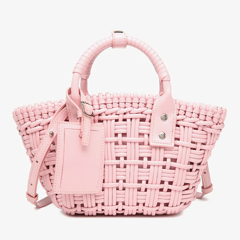 Mini Colorful Striped Bag Soft Leather Handle Handbag Women\'s Large Capacity Tote Bag Fashionable Popular Woven Cabbage Basket