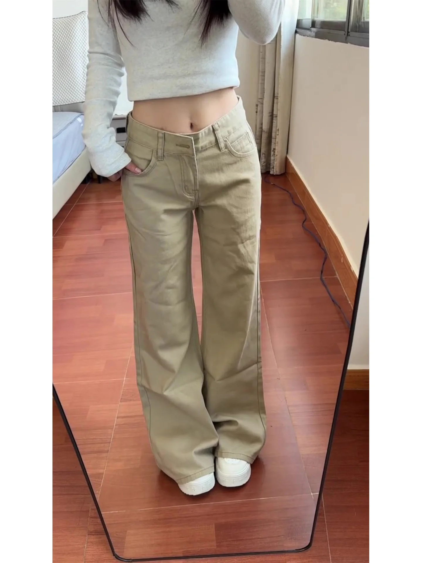 

Summer 2026 American Style Khaki Straight Leg Jeans Women's Small Size Retro Slim Wide Leg Denim Pants High Waist Pocket Detail