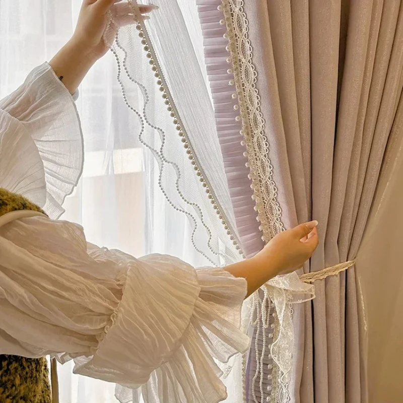 Purple Fine Sparkle Jacquard Lace Splicing Curtains for Living Room Bedroom French Window Balcony Window Screen