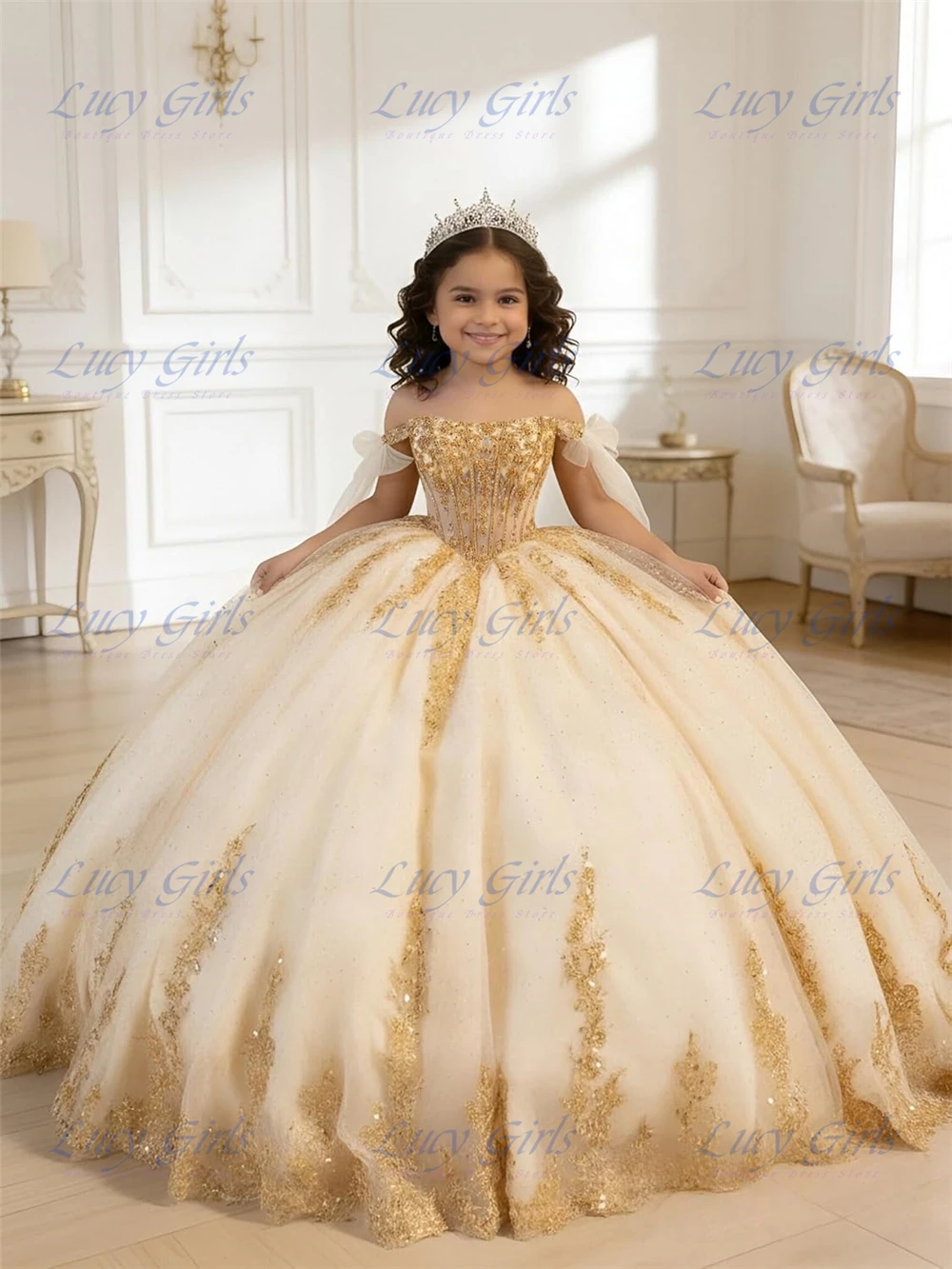 gold dresses for tweens Champagne Sequin Applique Flower Girl Dress Lace Pageant Girls with Bow Off Shoulder First Communion Dresses Corset Back Dress