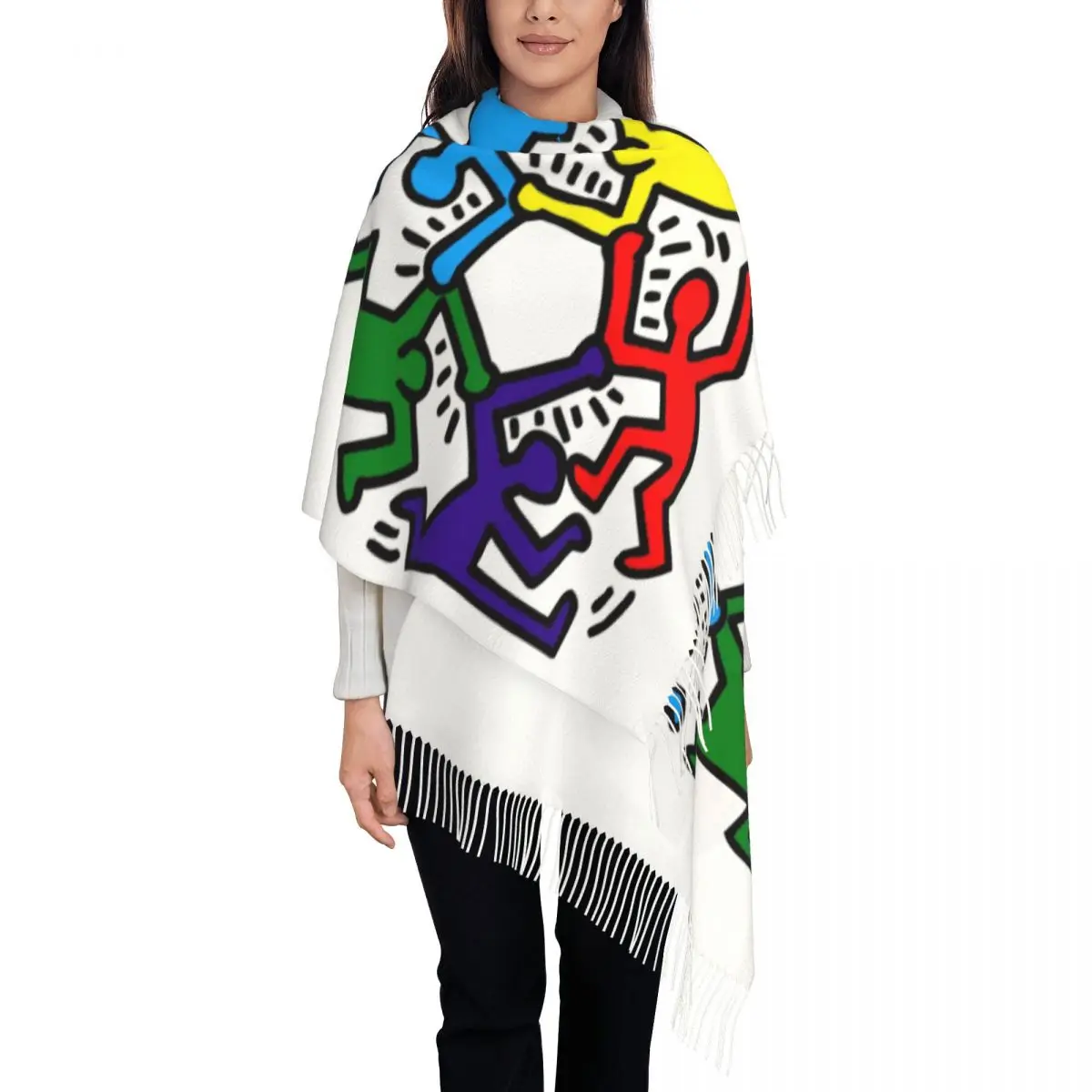 Lady Large Funny Graffiti Figures Scarves Winter Fall Soft Warm Tassel Shawl Wrap Geometric Abstract Haring Paintings Art Scarf