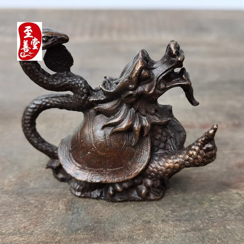 Antique Collection: Old Patina Alloy Bronze Dragon Turtle Xuanwu Ornament for Living Room Decoration7x3x5CM