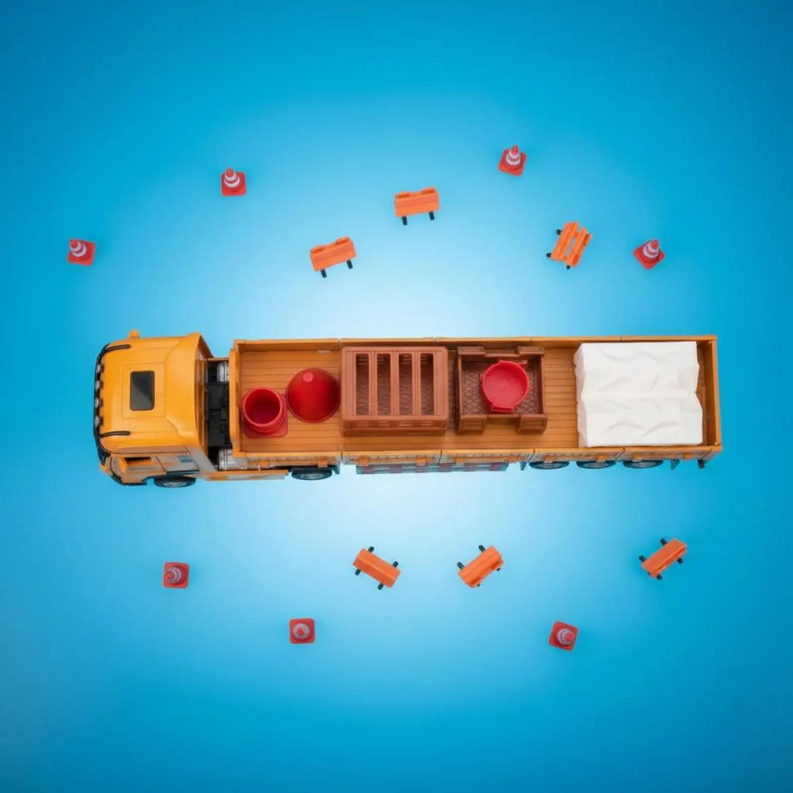 

Машинка-транспортер 1:32 с подвижными колесами и барьером, игрушечный набор из сплава, трактор-прицеп с подвижными частями