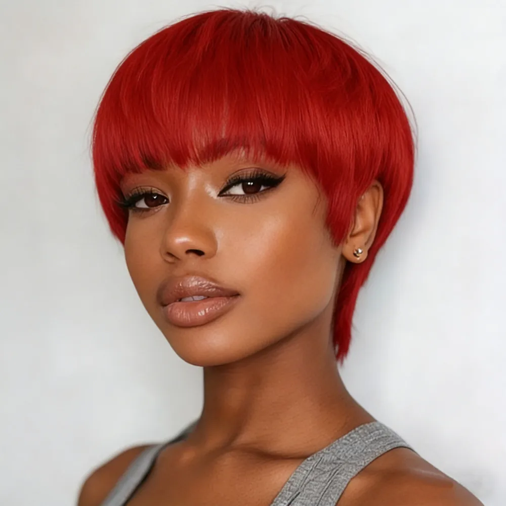 

6-дюймовый парик пикси, красный, черный, оранжевый цвет, стрижка пикси, короткие прямые волосы, парики, плотность 150%, машинное производство, парики из человеческих волос для женщин
