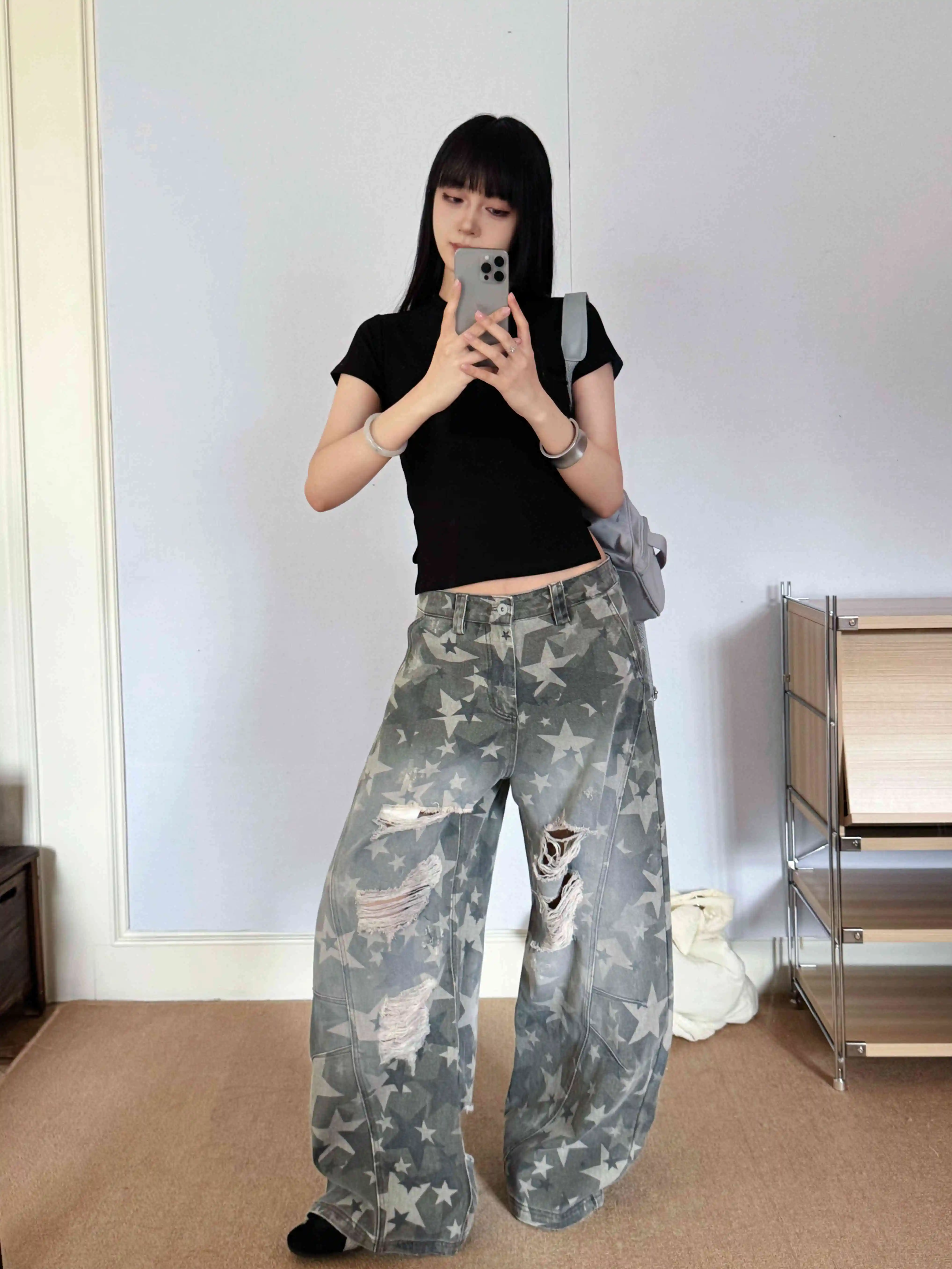 Women Vintage Star Print Ripped Jeans High Waist Classic Baggy Denim Pants Streetwear Y2K American Retro Wide Leg Trousers