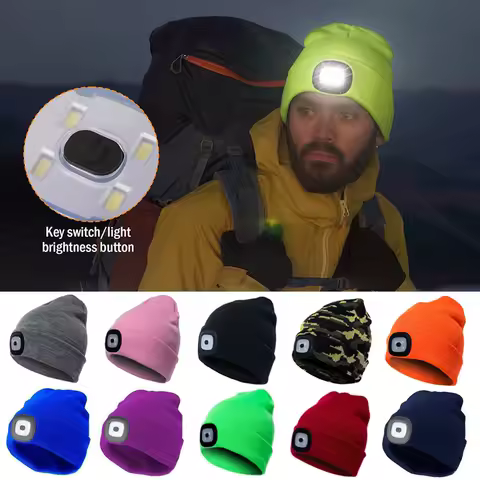Winter Men Beanie Hat with LED Light Rechargeable Knitted Hat for Woman Cap Night Running Fishing Riding Sports Teenager Beanies
