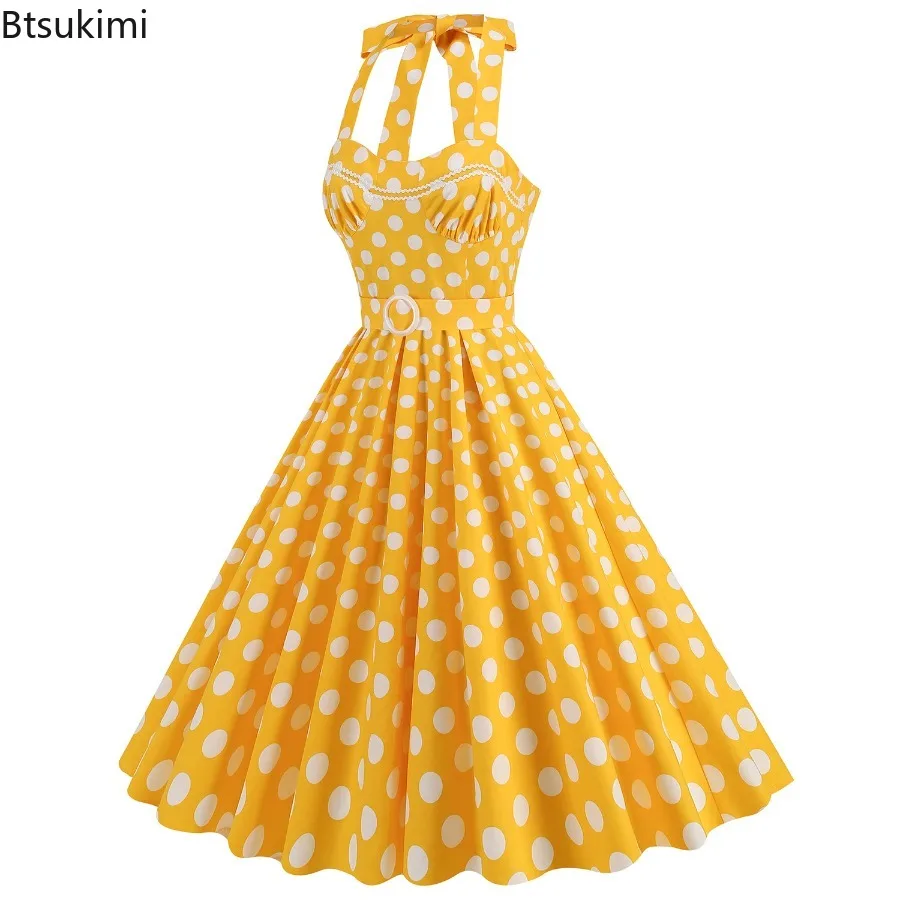 2025 Vintage Casual vrouwen Sexy Strapless Grote Swing Jurk Polka Dot Print Geel Mouwloze Zomerjurk Rockabilly Feestjurk