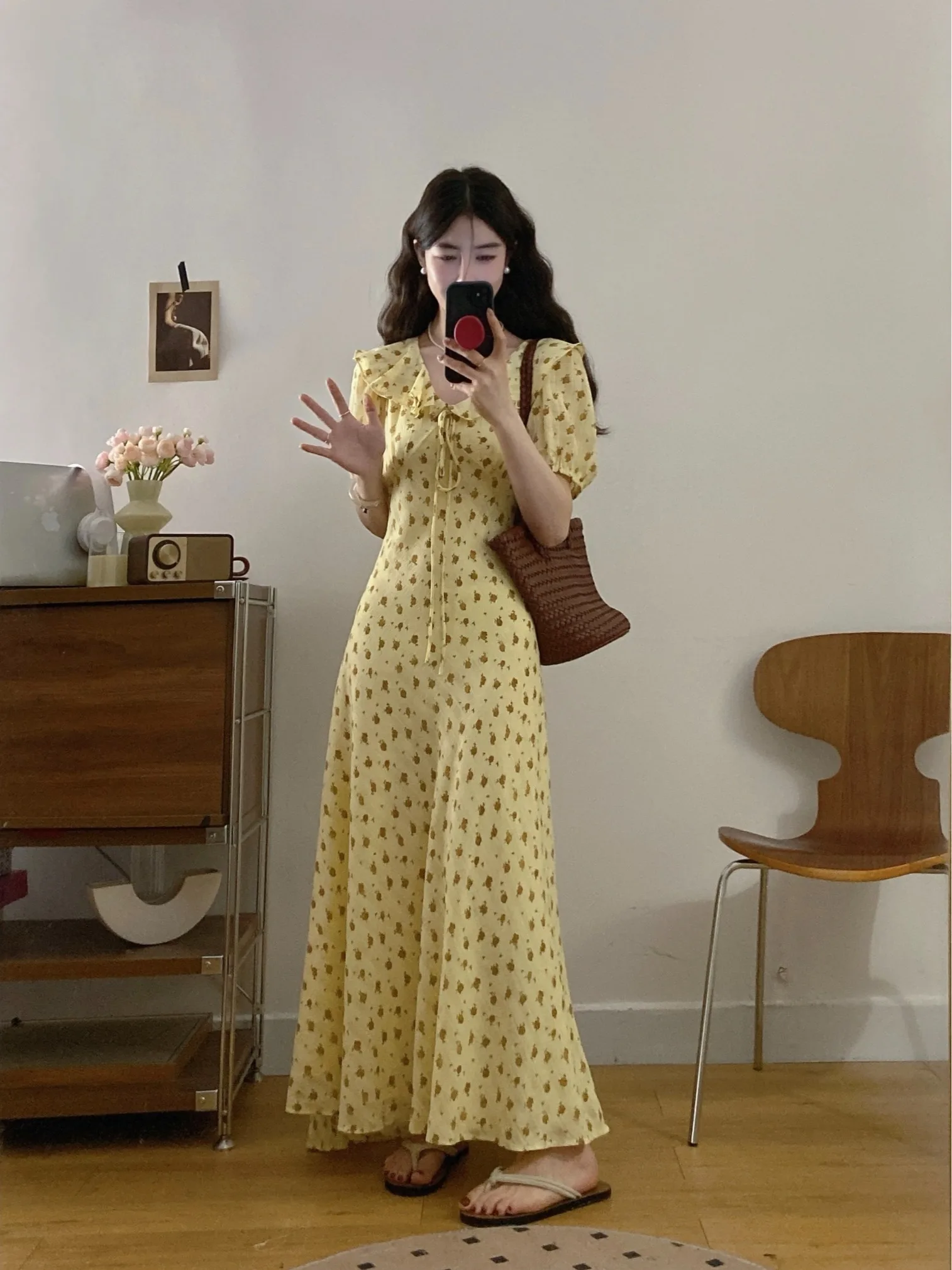 

Sweet Floral Print Maxi Dress with Bubble Sleeves And Waist Cinching Design Korean Style A-Line Skirt for plus Size Women