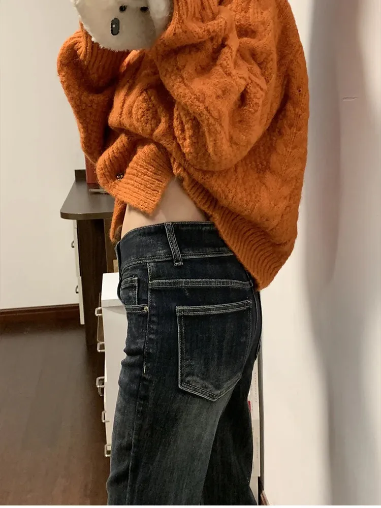 American Retro Blue Grey Flared Jeans Women High Waist Large Size Loose Slimming Elastic Floor Length Bell Bottoms