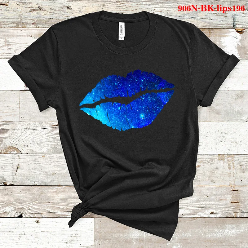 Camiseta con estampado de labios de colores para Mujer, blusa holgada de manga corta con cuello redondo, ropa Sexy