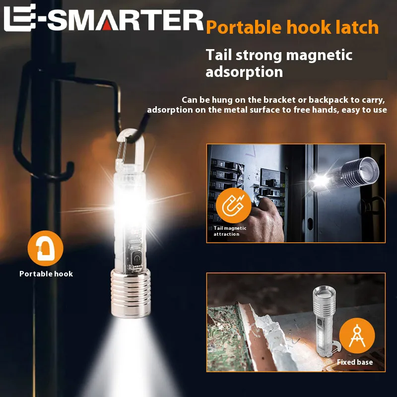 Portable Strong LED EDC Flashlight Mini Keychain Rechargeable Zoom Torch Long Range Outdoor Camping Lantern With Magnetic