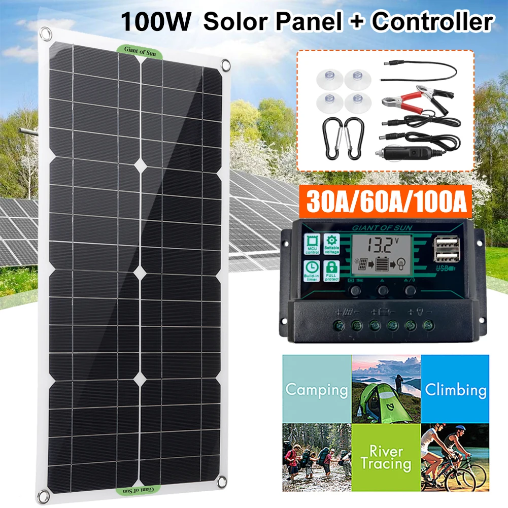 250W Solar Panel Kits 12V/24V with 30A/60A/100A Controller Solar Cell Dual USB for Car Yacht RV Boat Mobile Phone Battery Charge