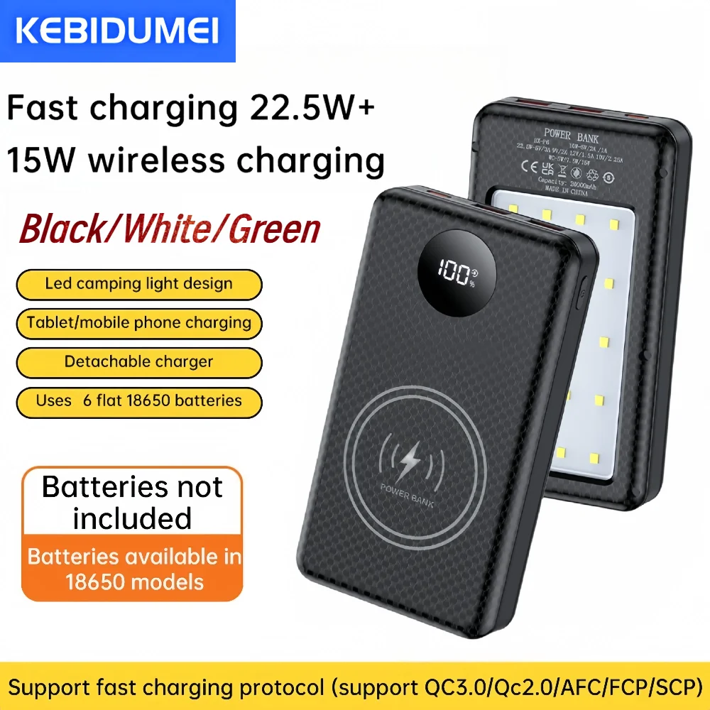 Съемный чехол для быстрой зарядки 22,5 Вт + 15 Вт, чехол для внешнего аккумулятора «сделай сам», 18650*6, со светодиодной подсветкой, ящик для хранения зарядки аккумулятора без аккумулятора