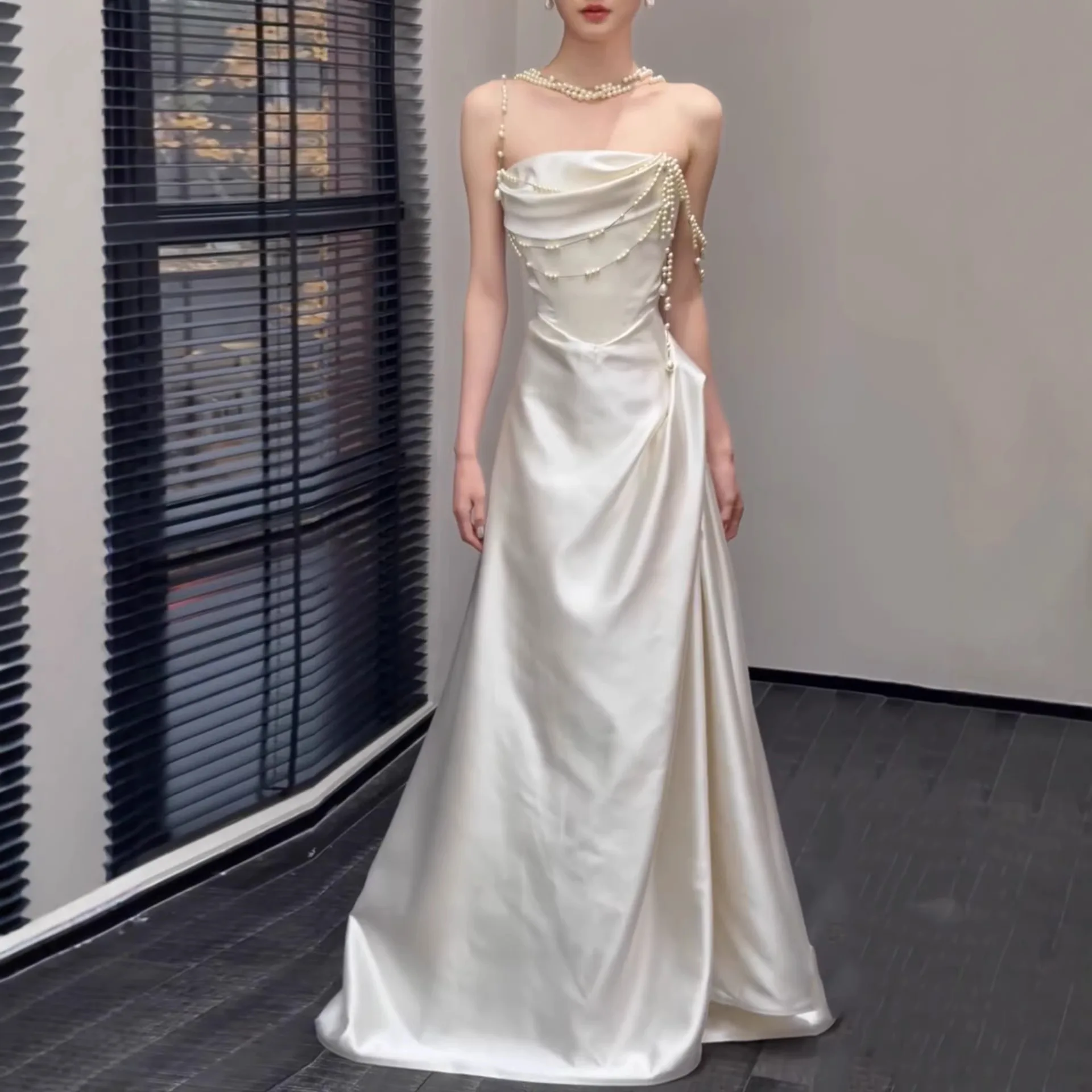 French Light Wedding Dress Satin High-Grade Niche Tube Top Mori Style Trailing Engagement White Welcome Dress