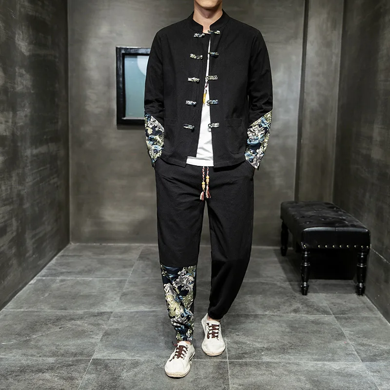 Spring  Autumn New Men's Splicing Set Tang Style Men's Clothing Chinese Style Linen Suit  Youth Retro Style Costume