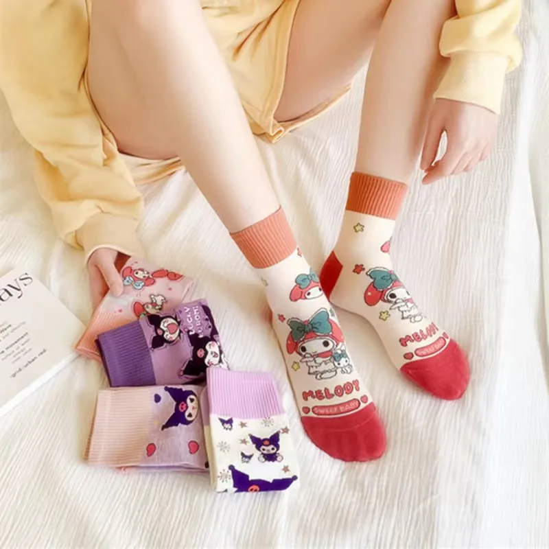 جوارب كورومي للخريف والشتاء سميكة ودافئة جوارب ميلودي اللطيفة النقية لمنتصف الساق