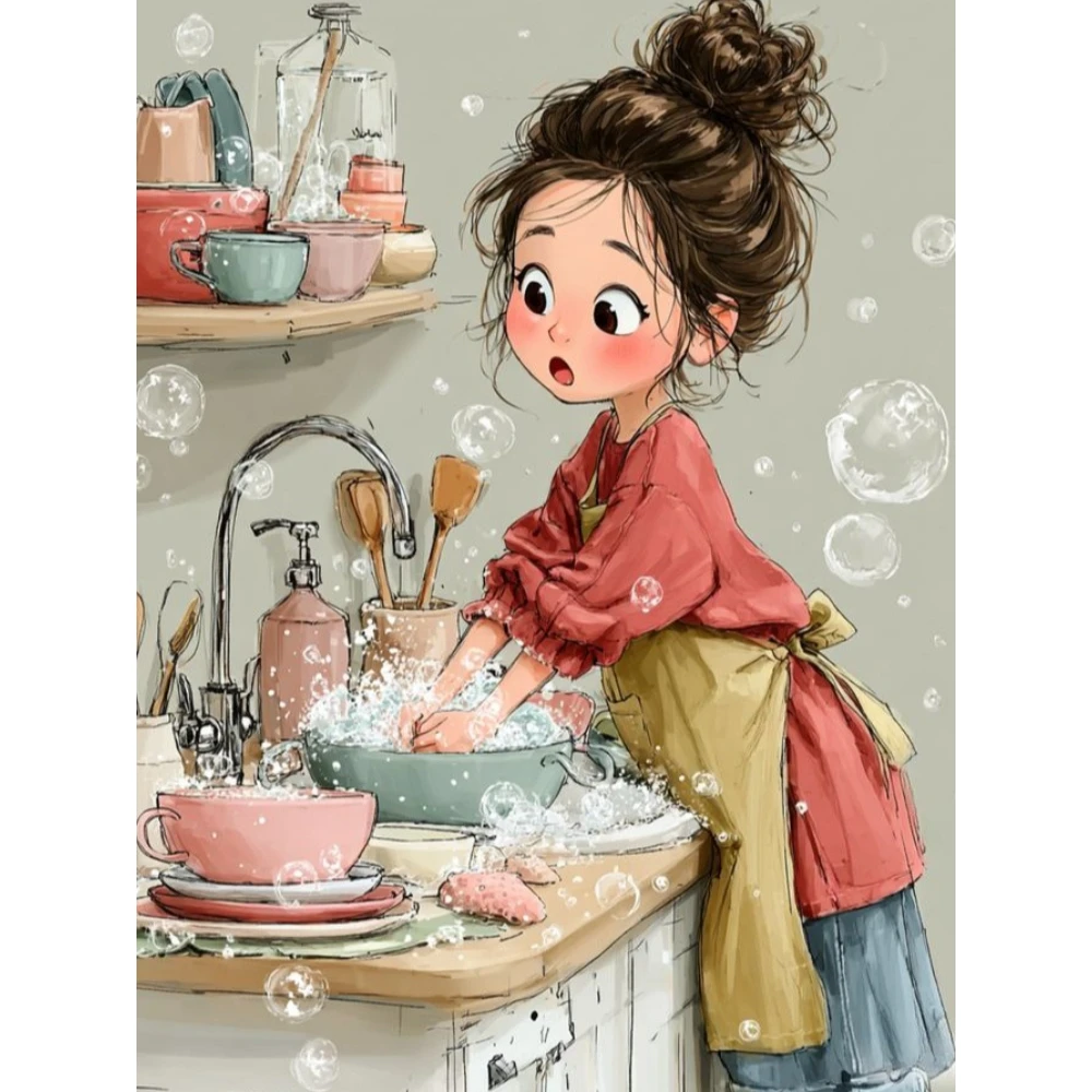 

500/1000/1200/2000 PCS Jigsaw Puzzles Cartoon Girl Dishwashing Foam Family Activity Games for Gameroom Bedroom Home Decor Gift