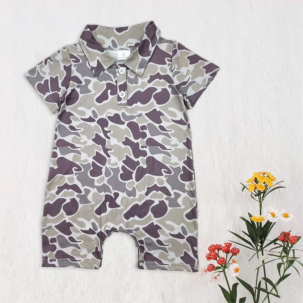 

Wholesale Children Baby Boy Short Sleeves Camo Shorts Coverall Newborn Brown Bodysuit Kids Toddler Grey Romper Lapels Clothing