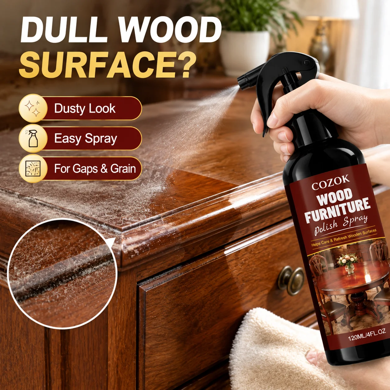 Beeswax Wood Polish Spray for Furniture, Dust Cleaner & Protective Care with Beeswax, Restores Shine, Nourishes Antique & Composite Wood, Prevents Cracking, Safe for All Wood Types, Includes Sponge & Cloth, No Sticky Residue, Quick Furniture Repair